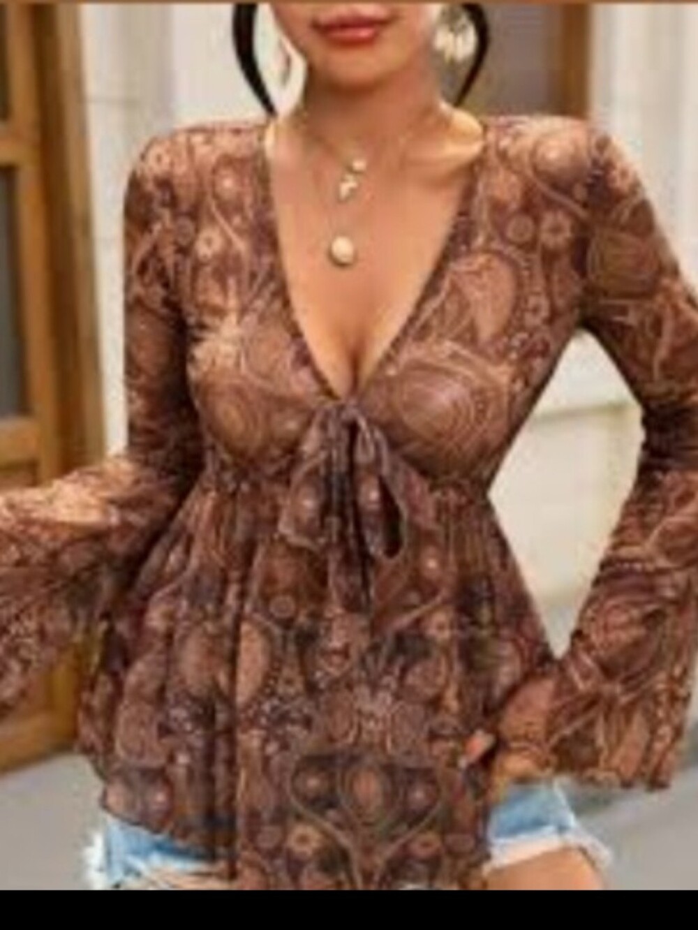 SHEIN Brown Paisley Tie-Front Peasant Tunic